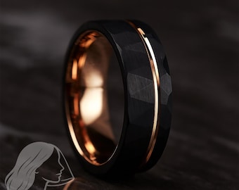 Black & Rose Gold Wedding Band, Hammered Black Tungsten Ring, 18K Rose Gold Tungsten Wedding Band, Offset Gold Line Accent Ring - 8mm Wide