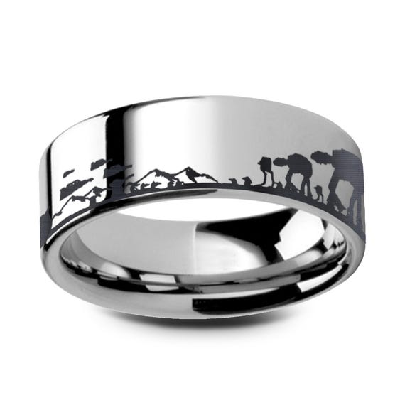 Engraved Hoth Battle Scene Ring, StarWars Ring, ATAT Ring, ATST Ring, Engraved Tungsten Ring, Comfort Fit - 8mm Wide