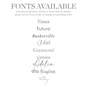 May include: A white background with the text "FONTS AVAILABLE" in a serif font. Below, a list of font names in grey, including Times, Futura, Baskerville, and others. The text explains that Times is the default font.