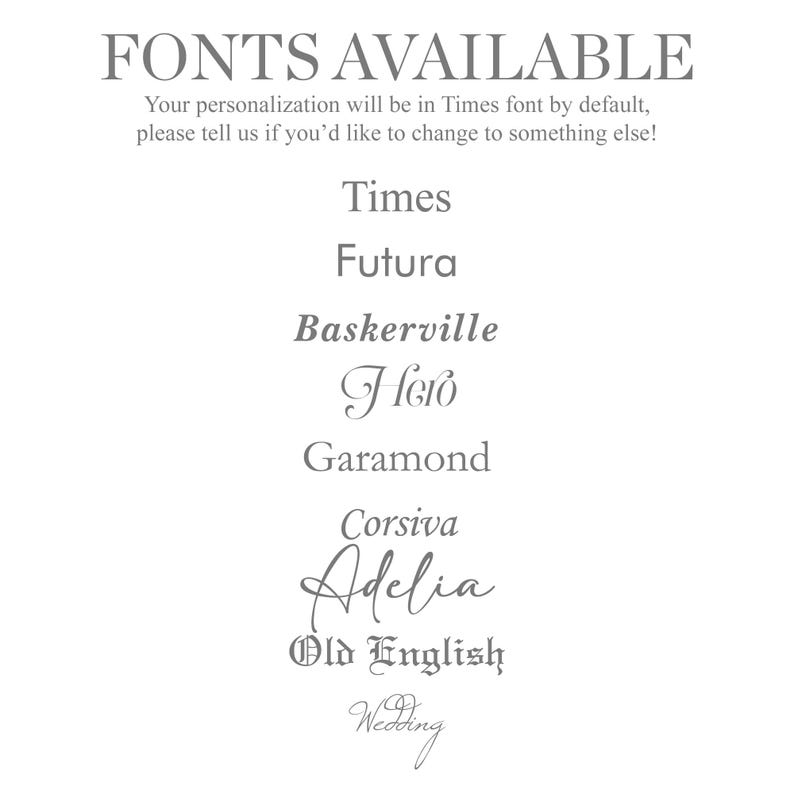 May include: A white background with the text "FONTS AVAILABLE" in a serif font. Below, a list of font names in grey, including Times, Futura, Baskerville, and others. The text explains that Times is the default font.