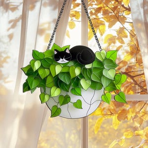 Puede incluir: Un macetero colgante de vidrieras con un gato negro descansando sobre hojas verdes. El macetero es blanco con un borde negro y está suspendido por una cadena plateada. Las hojas son de varios tonos de verde.