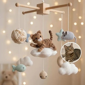 Custom Cat Crochet Baby Mobile, Personalized Kitten Nursery Mobile, Handmade Crib Mobile with Fish Yarn Ball, Cat Lover Baby Shower Gift