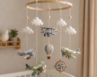 Vliegtuig baby mobiel, decor reizen kinderkamer, vintage vliegtuig wieg mobiel, vilten vliegtuig kinderkamer mobiel, avontuur babycadeau, babyshower cadeau