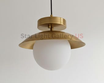 Mid-Century Modern Brass Pendant Light | Gold Metal Dome Pendant Lamp | Frosted Globe Chandelier