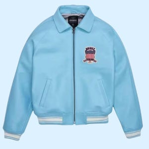 Avirex USA Edition Sky Blue Leather Bomber Jacket Genuine Cowhide Leather Biker Jacket Varsity Style Iconic Fashion JacketGift for Him image 2