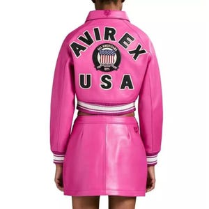 Avirex Women Cropped Pink Leather Bomber Jacket or Skirt Set Genuine Cowhide Leather Jacket Streetwear Fashion Jacket & Skirt Gift for Her
