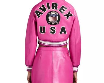 Avirex Women Cropped Pink Leather Bomber Jacket or Skirt Set Genuine Cowhide Leather Jacket Streetwear Fashion Jacket & Skirt Gift for Her