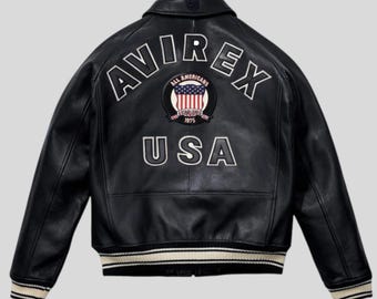 Avirex USA Icon Black Leather Jacket Men Military Bomber Jacket Genuine Cowhide Leather Biker Jacket Varsity Style Jacket Gift for Him