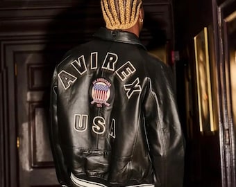Men Avirex Black Real Bomber American Flight Jacket Leather Jacket for Men Gift, Avirex Cafe Racer Leather Biker Jacket Best Gift for Him