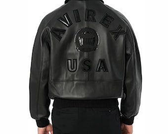 Avirex Black Leather Bomber Flight Jacket USA Icon Leather Jacket Genuine cowhide Aviator Jacket Avirex Varsity Jacket Gift for Him
