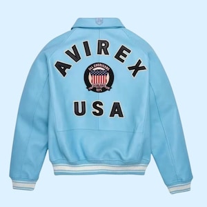 Avirex USA Edition Sky Blue Leather Bomber Jacket Genuine Cowhide Leather Biker Jacket Varsity Style Iconic Fashion JacketGift for Him