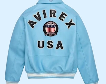 Avirex USA Edition Sky Blue Leather Bomber Jacket Genuine Cowhide Leather Biker Jacket Varsity Style Iconic Fashion JacketGift for Him