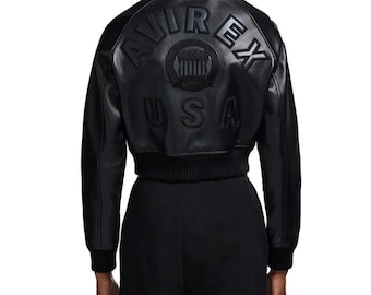 Avirex Cropped Icon Black Leather Jacket Women’s Bomber Jacket Genuine Cowhide Varsity Style Streetwear Fashion Jacket Christmas Gift