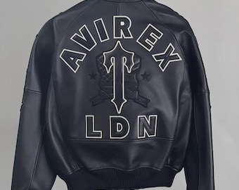 Black Avirex LDN Leather Jacket Genuine Cowhide Bomber Jacket Premium Varsity Style Streetwear Men Fashion Jacket Gift For Him