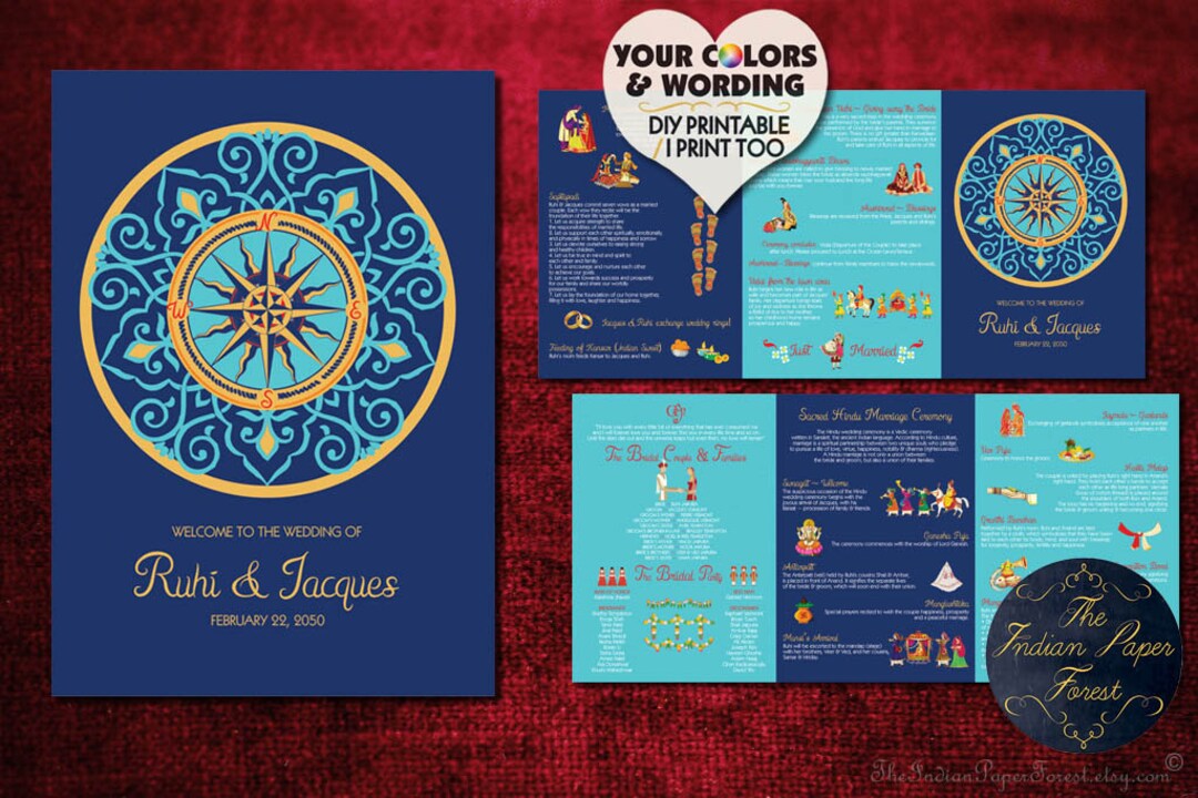 COMPASS Illustrated Indian Wedding Ceremony Program DIY Printable