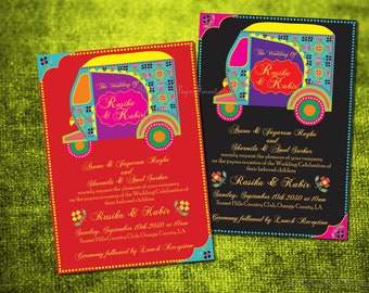 AUTO RICKSHAW DIY Printable / Printed North Indian Wedding Invitation Card Set Gold Foil Hindu Muslim Sikh Punjabi Sindhi Bengali Jain South