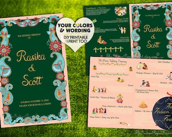 PAISLEY SUMMER DIY Printable / Printed Illustrated Indian Wedding Ceremony Program Any Color / Foil South Tamil Hindu Bengali Marathi Telugu