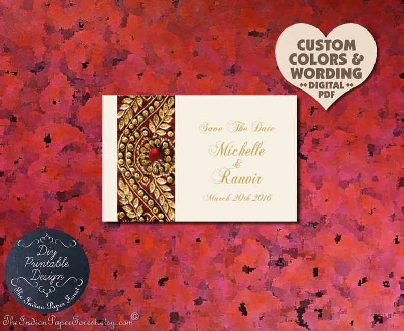 GOLD ZARI Indian Save The Date Card Pdf Wedding Invitation Set DIY Printable Template Cheap Kit Vintage Hindu Muslim Pakistani Arab Nepali