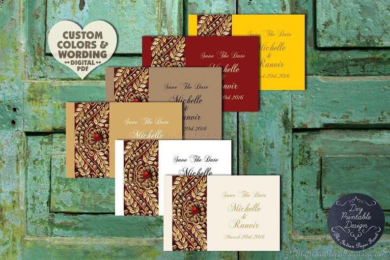 GOLD ZARI Indian Save The Date Card Pdf Wedding Invitation Set DIY Printable Template Cheap Kit Vintage Hindu Muslim Pakistani Arab Nepali