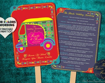 AUTO RICKSHAW Destination Wedding Program Fan DIY Printable / Printed Asian Indian Ceremony Itinerary Hindu Muslim Sikh Marwari Punjabi Usa