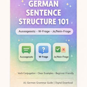Può includere: Un download digitale intitolato "GERMAN SENTENCE STRUCTURE 101" con uno sfondo sfumato pastello. La guida tratta Aussagesatz, W-Frage e Ja/Nein-Frage, con icone che li rappresentano. Il testo aggiuntivo include "Verb Conjugation", "Clear Examples" e "Beginner Friendly."