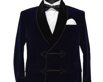 Men Special Gift For Him Navy Blue Velvet Jacket With Coat Frog Closure