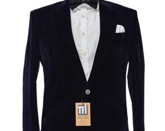 Men's Special Gift For Him Navy Blue Velvet Jacket Celebs Style Coat
