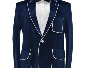 Men's Special Gift For Him Navy Blue Velvet Jacket Celebs Style Coat