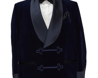 Navy Blue Velvet Tuxedo Jacket Frog Closure Formal Coat