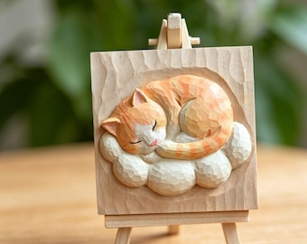 10x10x2cm Wooden“Sleeping Kitty” Figurine,Cat Fridge Magnets,Refrigerator/Desktop Decoration,Gift for Friends
