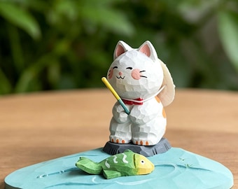 12x7.2cm Hand-carved Wooden Cat Fishing Figurine,Cat and Fish Status,Desktop Decor,Healing Gifts
