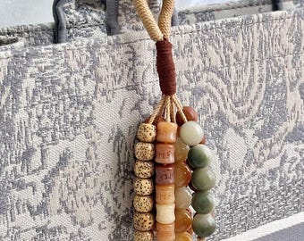 Hand-knitted Bodhi Seed Wooden Beads&Gemstone Bag Charm/Keychain,Gift for Friends,Healing Pendant