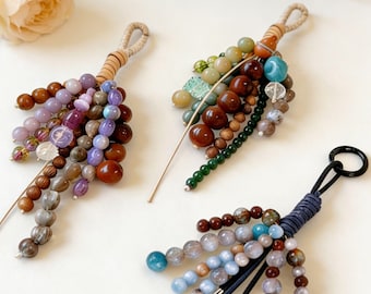 Hand-woven Seed-Beaded Bag Charms,Natural Bodhi Seed Beads Keychain,Gift for Friend/Family,Pendant