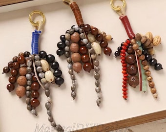 Handmade Bodhi Seed Wooden Beads Bag Charm/Keychain,Lucky Gift for Friend/Family,Pendant