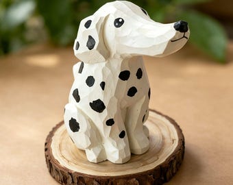 Hand-Carved Long-Nosed Dalmatian Figurine,Wooden Spotted Dog,Wood Carvings,Desk Ornament,Gift for Friends