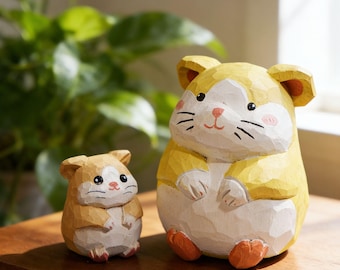 4/7.5cm Multi-sized Hand-carved Wooden Hamster Figurine,Cartoon Hamster Desktop Ornament,Handmade Animal Sculpture