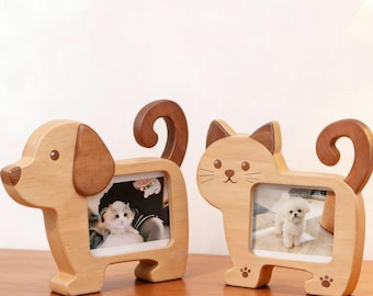 Solid Wood Cat/Puppy Photo Frame,Pet Memorial Desktop Ornament,4-inch Photo,Birthday Gift
