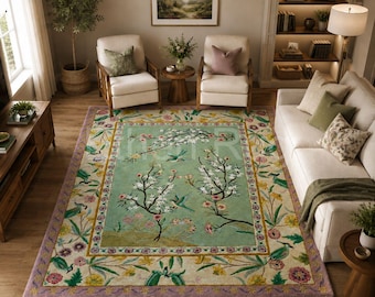 Dywan w stylu chinoiserie z motywem kwiatowym, szałwiowo-zielony dywan botaniczny z ptakami i kwiatami wiśni, dywan estetyczny, wełniany dywan w stylu vintage, dywan dla dzieci