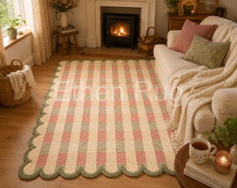 Dywan w pastelową kratkę gingham z falistą krawędzią, uroczy dywan w kratkę z falowanymi brzegami, estetyczny wystrój akademika, dywanik dziecięcy z motywem dopaminy, ręcznie robiona mata wełniana