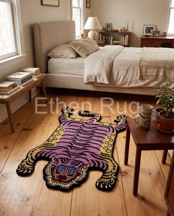 3x5 Purple Tibetan Tiger Rug Ready to Ship, Hand Tufted Wool Tiger Rug, Animal Pelt Shaped Rug, Eclectic Maximalist Living Room Decor 5894
