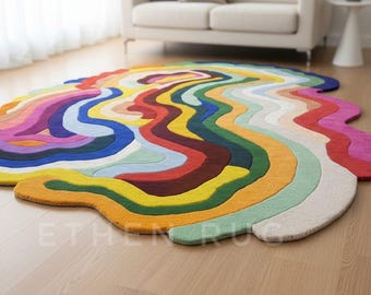 Regenboog abstract getuft tapijt - onregelmatige vorm golvend kleurrijk vloerkleed, psychedelisch wervelend accenttapijt, funky maximalist woonkamerdecor