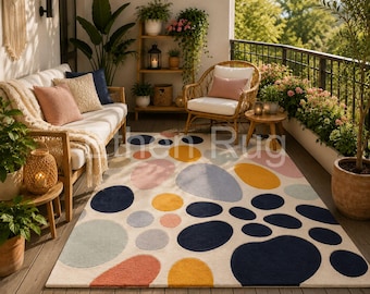 Modern Abstract Area Rug, Colorful Geometric Wool Rug, Navy Blue Mustard Rug, Hand Tufted Living Room Rug, Contemporary Decor
