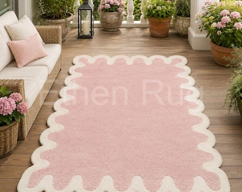 Hand Tufted Wool Scalloped Rug Pastel Pink Grid Area Rug Modern Geometric Floor Carpet Custom Size Kids Nursery Bedroom Cute Pink Deco