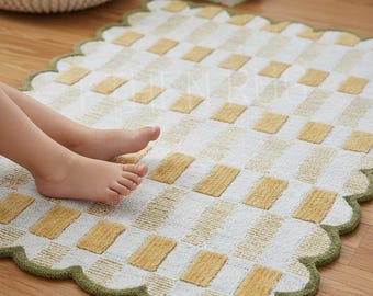 Hand Tufted Scalloped Rug, Checkerboard Wavy Edge Area Carpet, Modern Pastel Nursery Decor, Pink & Cream Wool Rug, Cute Playroom Mat