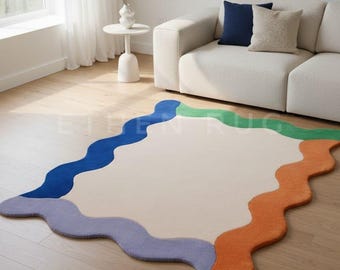 Hand Tufted Wavy Scalloped Wool Rug - Rainbow Border Modern Area Rug, Aesthetic Beige & Multi-Color Curvy Carpet for Living Room Funky Decor