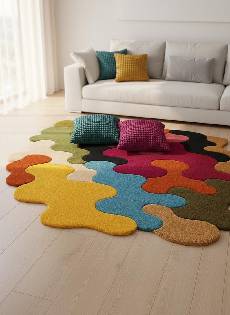May include: An area rug with an irregular, organic shape featuring a multi-colored pattern of interlocking, blob-like sections in yellow, orange, blue, green, and magenta. Two square, textured throw pillows in teal and magenta rest on the rug.