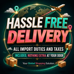 Może przedstawiać: Grafika z tekstem HASSLE FREE DELIVERY, ALL IMPORT DUTIES AND TAXES, INCLUDED, NOTHING EXTRA AT YOUR DOOR oraz Your Global Shopping Solution. Projekt zawiera globus, biały samolot i brązowe kartonowe pudełka.