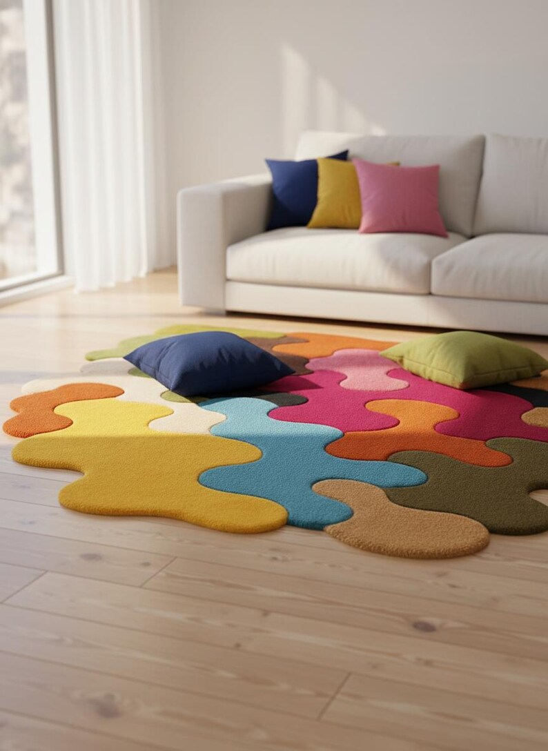 May include: An area rug featuring an irregular, organic shape composed of interlocking, puzzle-like sections in vibrant colors including yellow, orange, blue, pink, and olive green, with a textured, tufted surface finish.