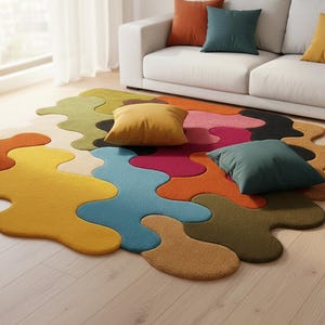 May include: An area rug featuring an irregular, organic shape composed of interlocking patches in shades of yellow, orange, blue, green, pink, and black. The rug has a textured surface and is placed on a light wood floor with two square pillows.