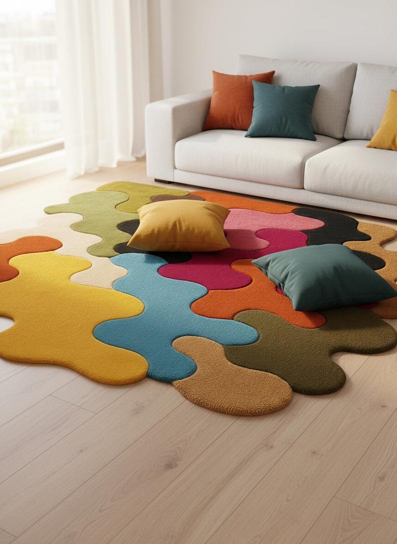 May include: An area rug featuring an irregular, organic shape composed of interlocking patches in shades of yellow, orange, blue, green, pink, and black. The rug has a textured surface and is placed on a light wood floor with two square pillows.